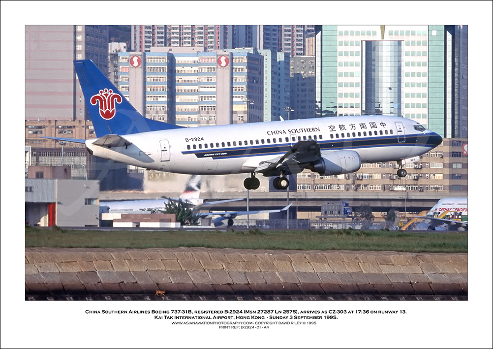 B-2924 - China Southern Airlines Boeing 737-31B  (Msn 27287 Ln 2575) - 01
